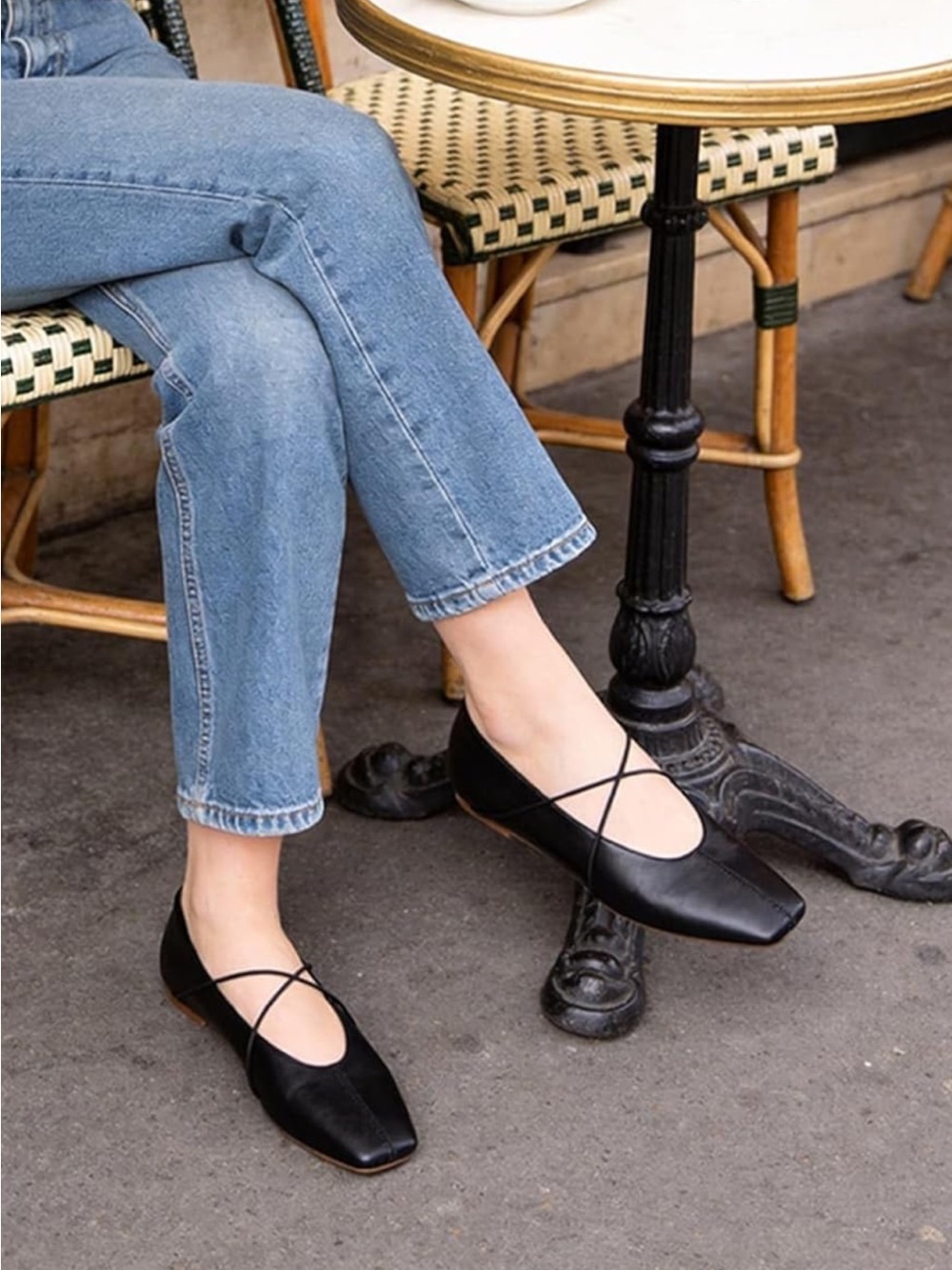 Black Square-Toe Ballet Flats with Criss-Cross Straps- NEW